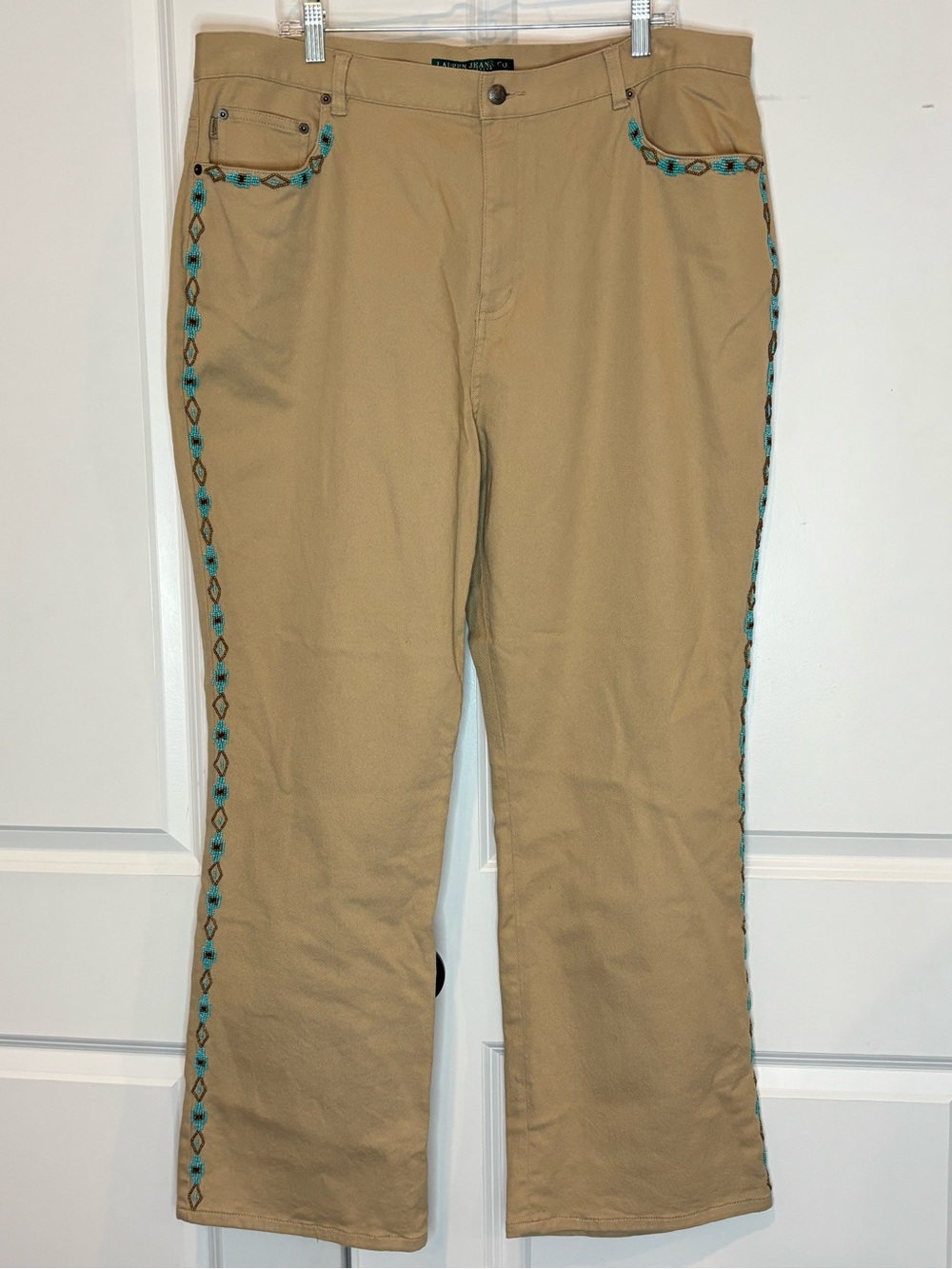 Lauren Jeans Co. Ralph Lauren Tan Turquoise Southwest Beaded Straight Jeans 18W